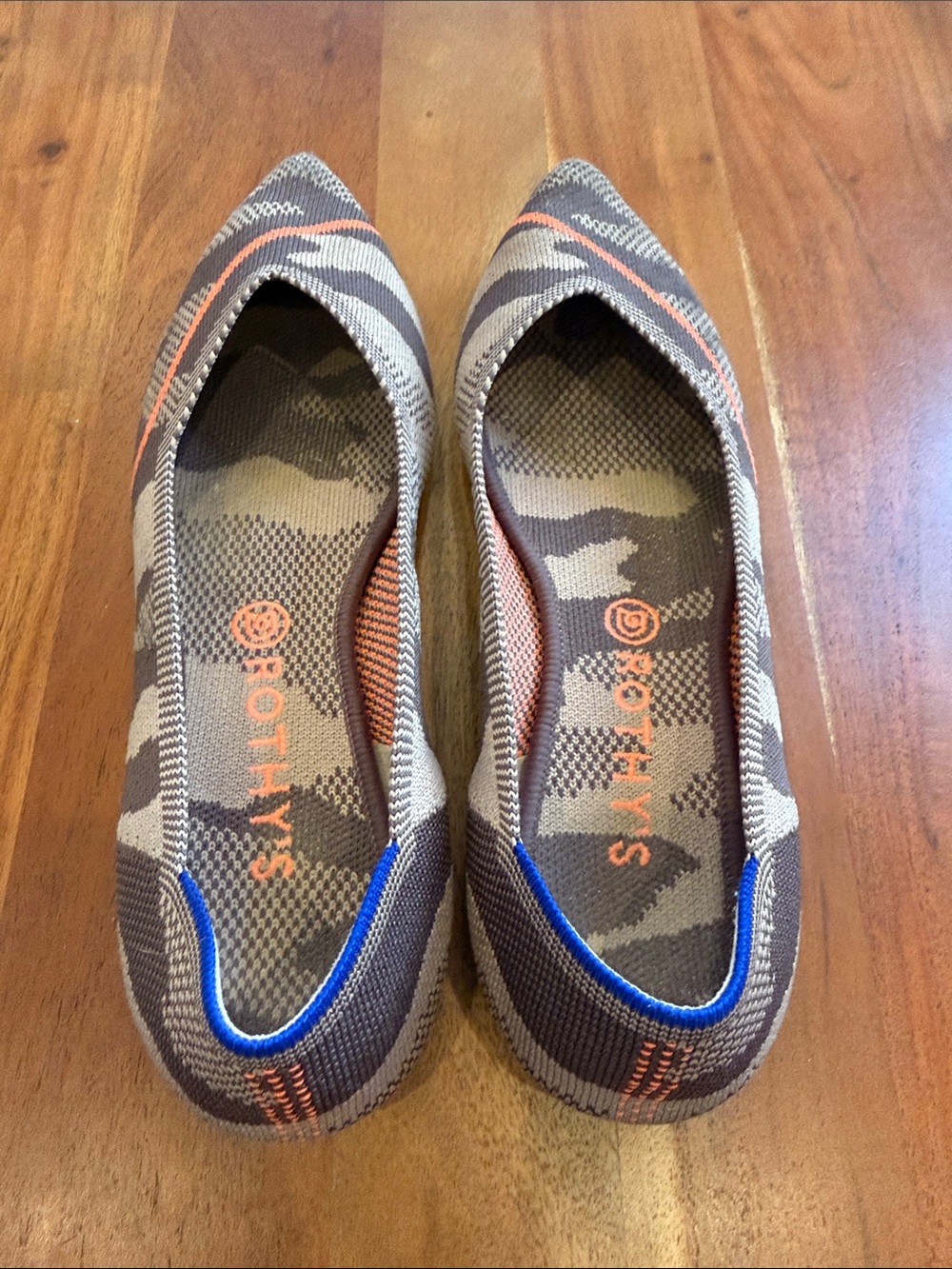 Rothy's Camo Knit Pointed Flats in Brown, Gray & Blue Accent